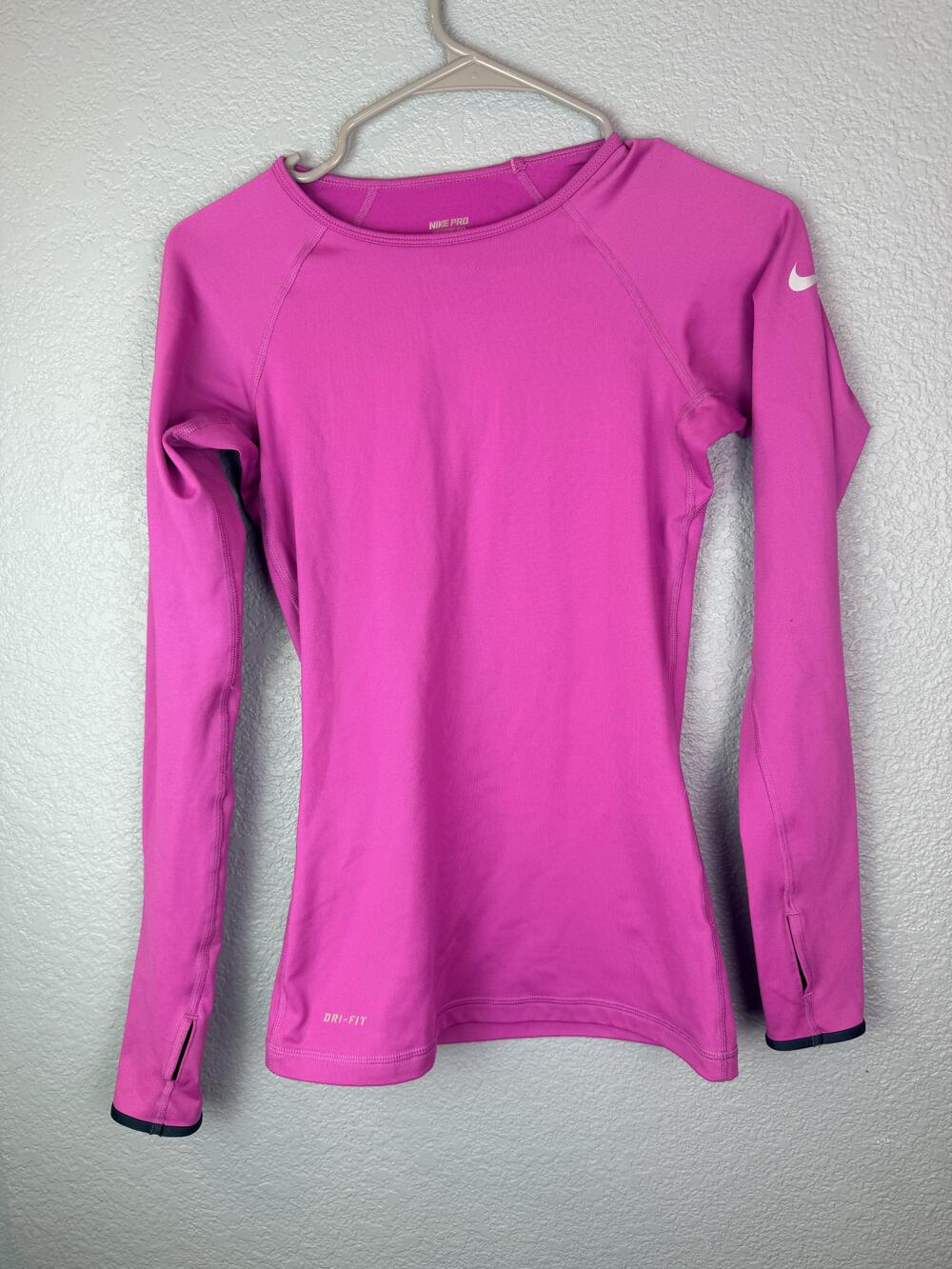 Nike Pro Dri-FIT Shirt Womens XS Pink Long Sleeve Thumbholes Athletic Top